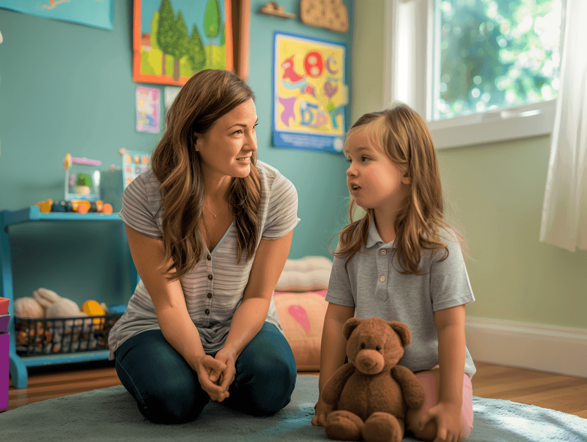 A caregiver playing with a child in a sunlit playroom