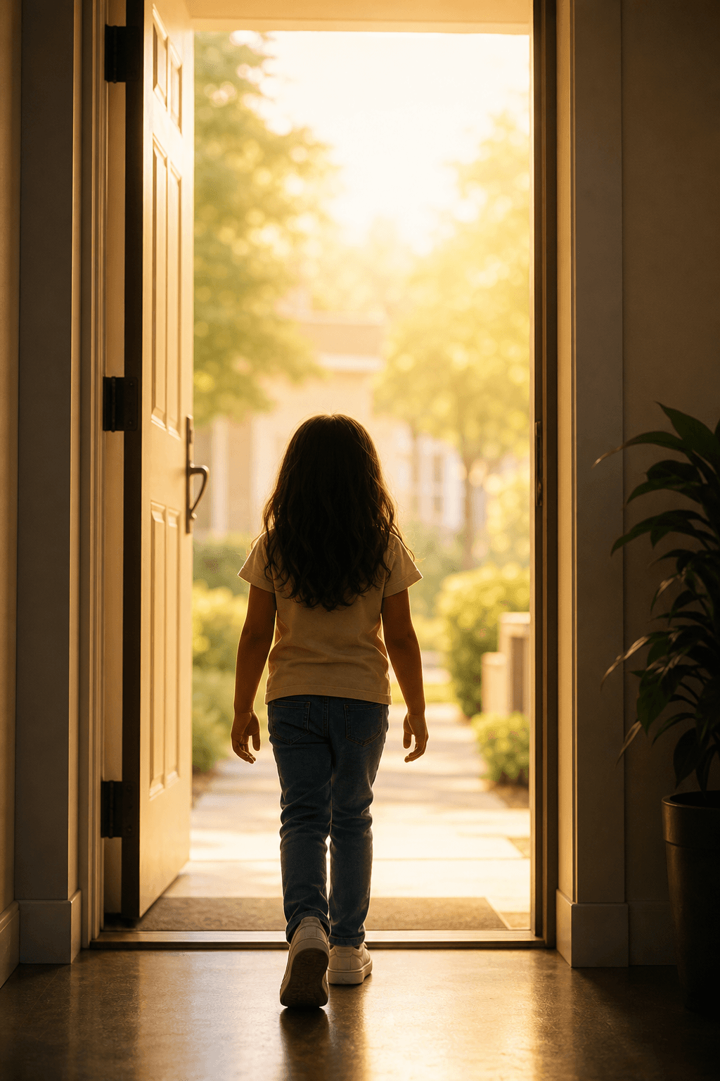 A child walking through an open doorway into warm daylight