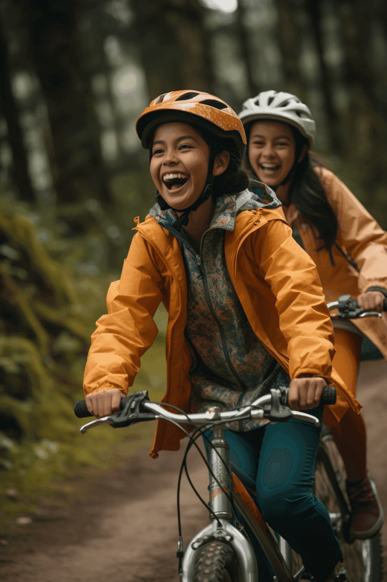 Children biking along a forest trail