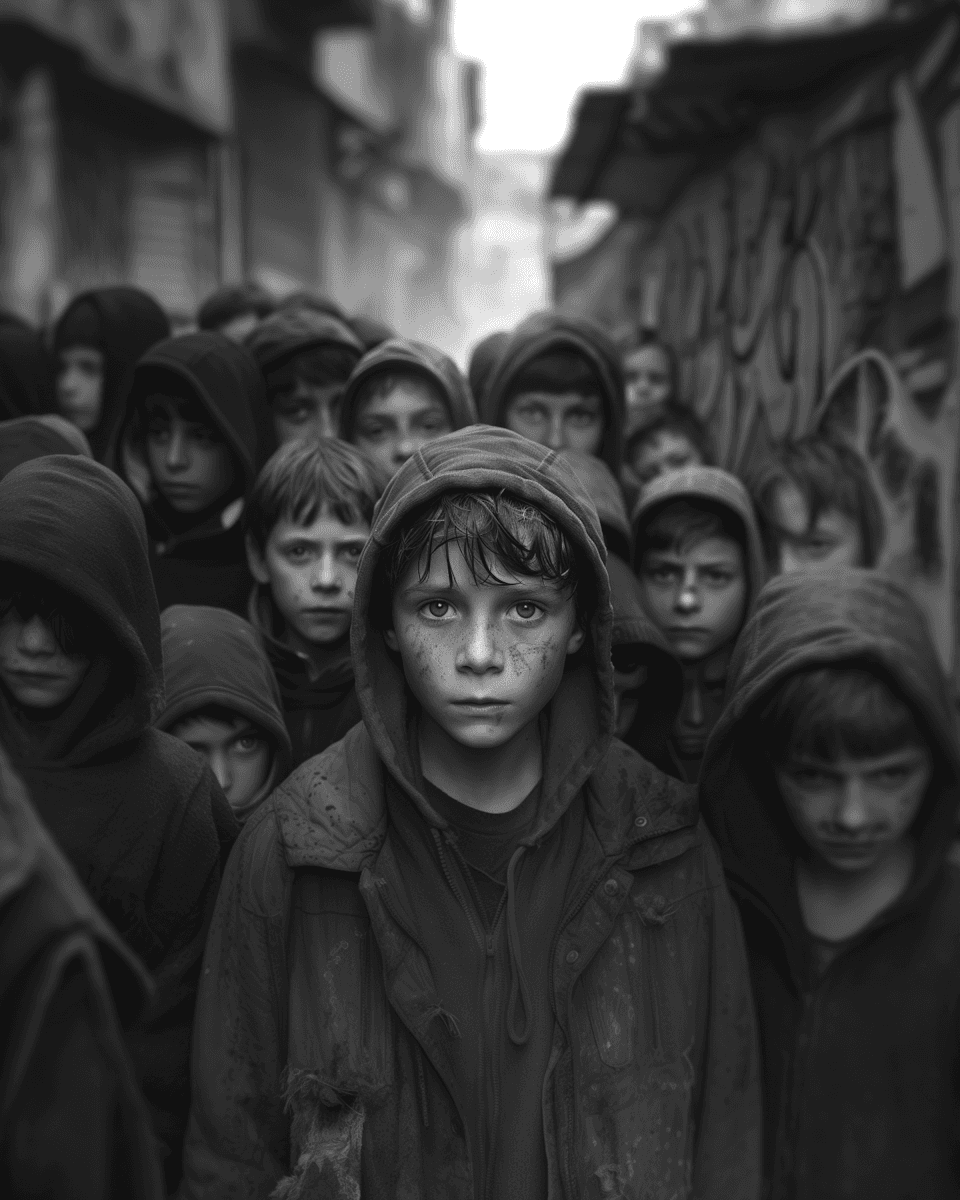 Children in hoodies at the entrance of an alley