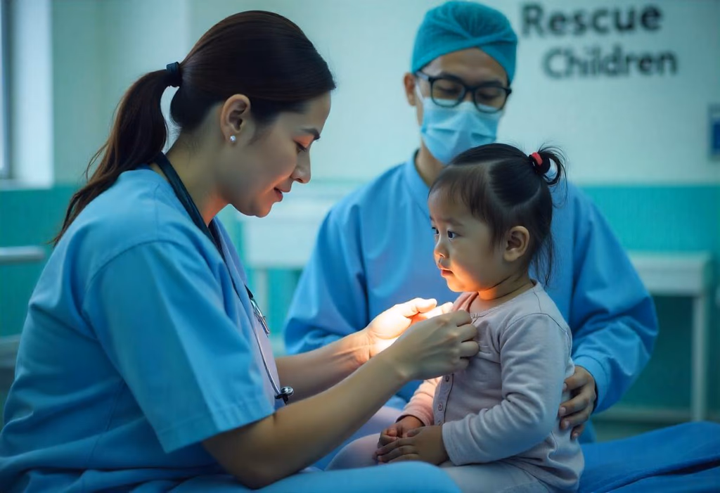 A clinician examining a child in a clinic